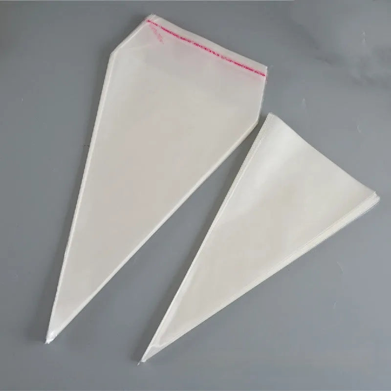 Clear triangular plastic packaging bags with wire ties in three different sizes