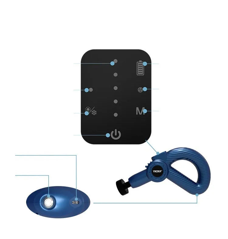 Black smart muscle massage gun with multiple attachment heads on a grey background