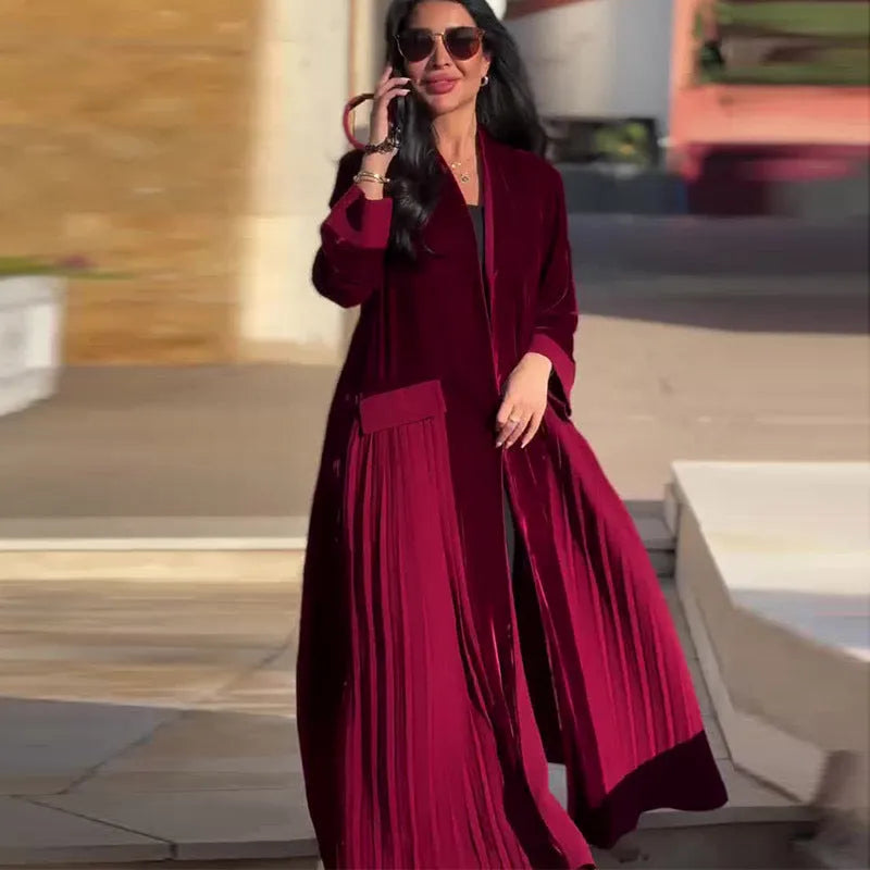 Women's wine red pleated stitching coat with long sleeves, street hipster style, sizes S to XXL.