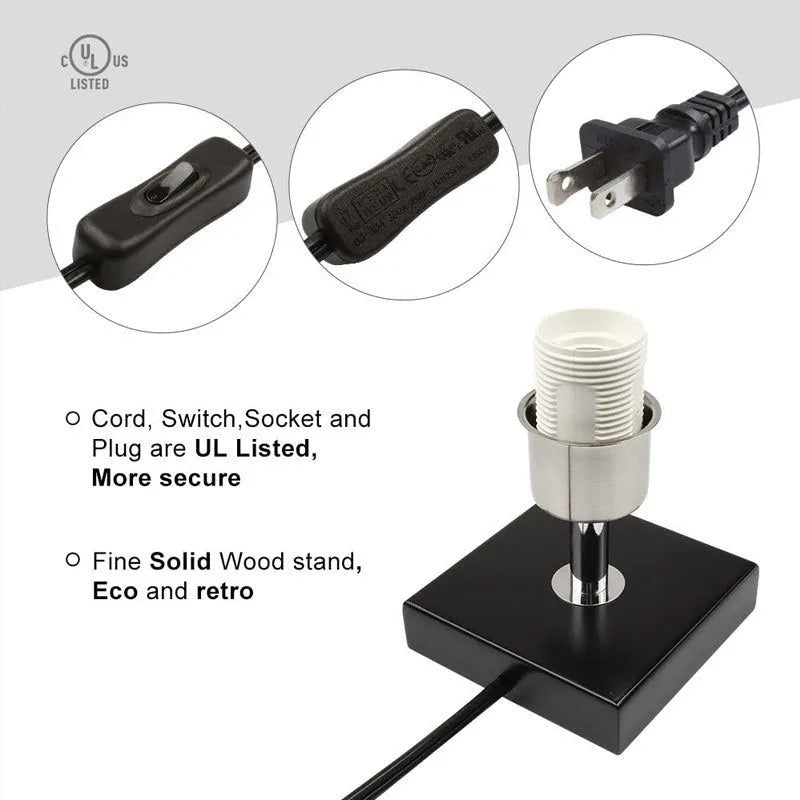 Square cloth-covered table lamp with E26 fitting and 110V voltage, American style, no bulb included