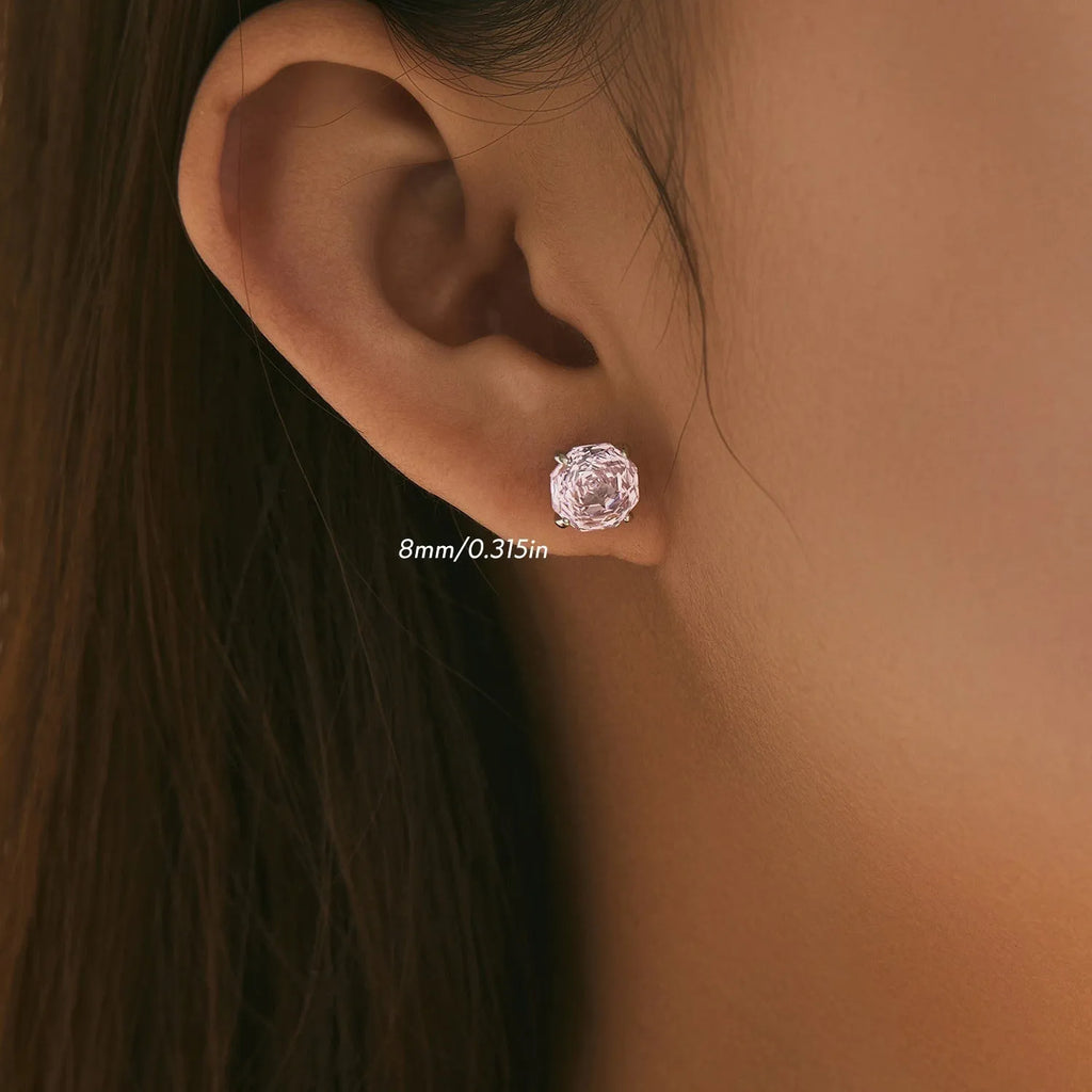 S925 sterling silver rose stud earrings for women in 6mm or 8mm pink floral designs