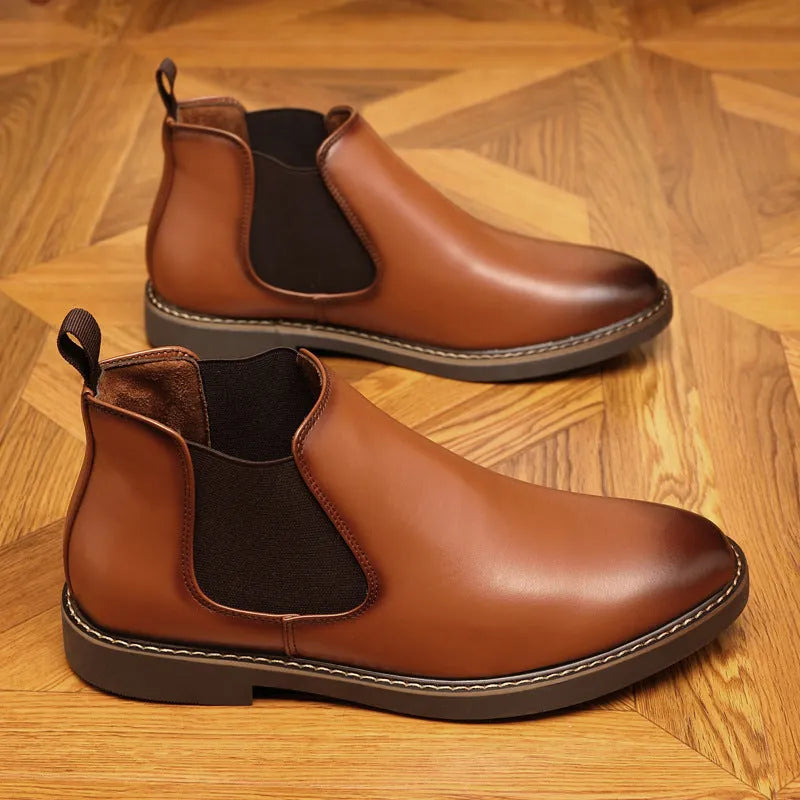 Men's black formal leather ankle boots with a pointed toe and square rubber sole.
