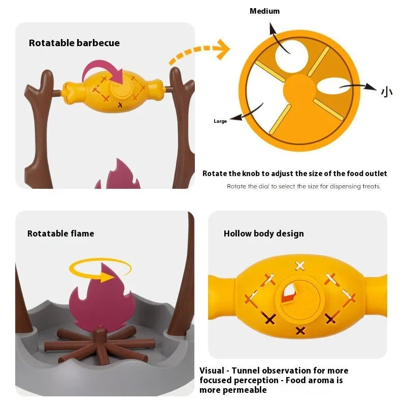 Barbecue-style cat feeder toy with tumbling design for slow feeding, dimensions 30x30x29cm