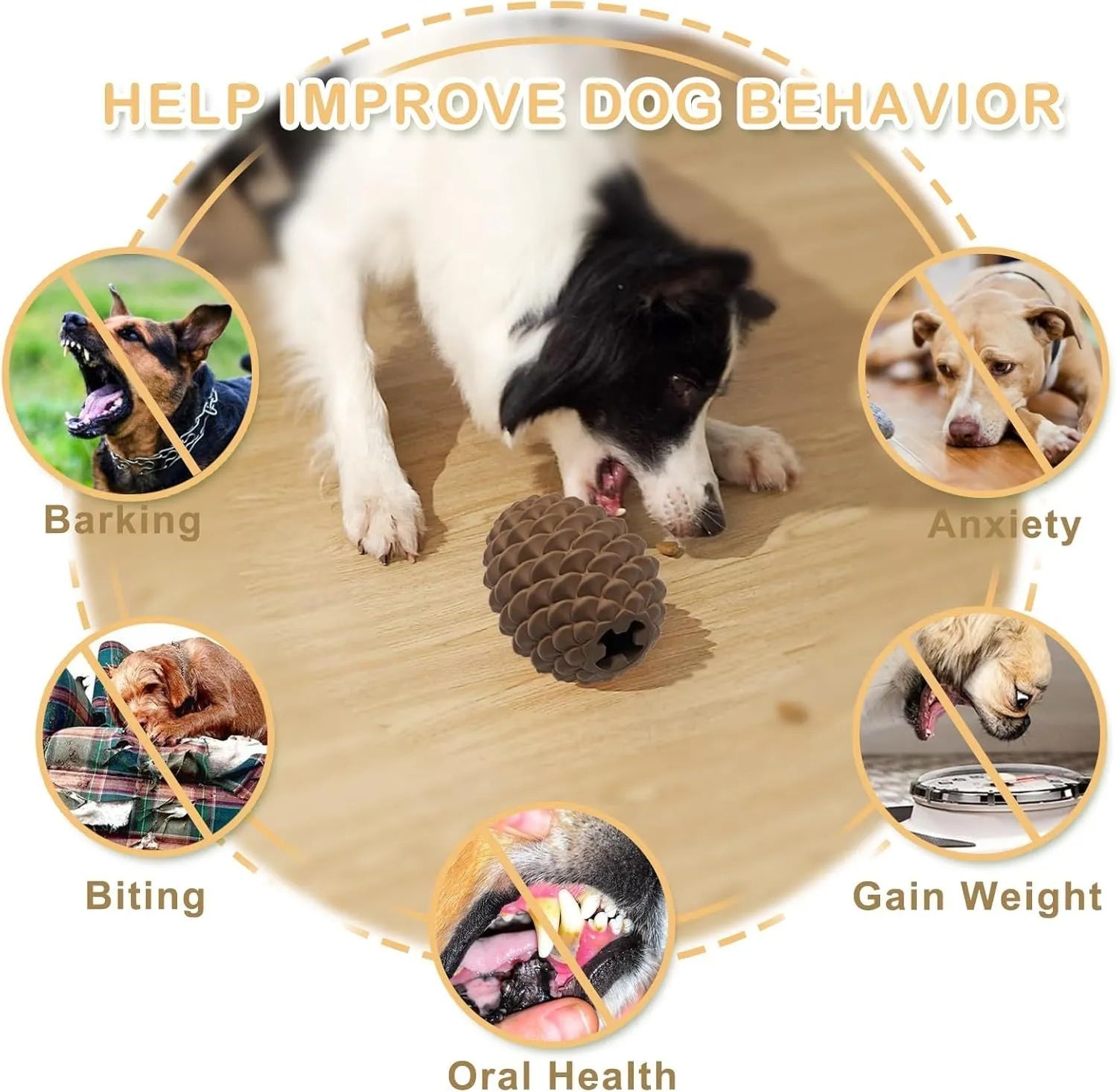 Yellow pine cone shaped natural rubber dog toy with textured surfaces and treat dispenser