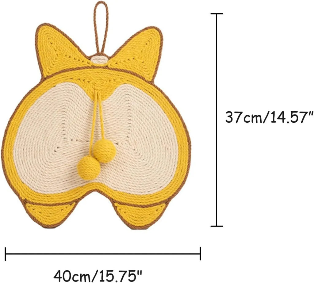 Yellow Corgi butt design sisal cat scratching board with anti-slip base measuring 37cm by 40cm