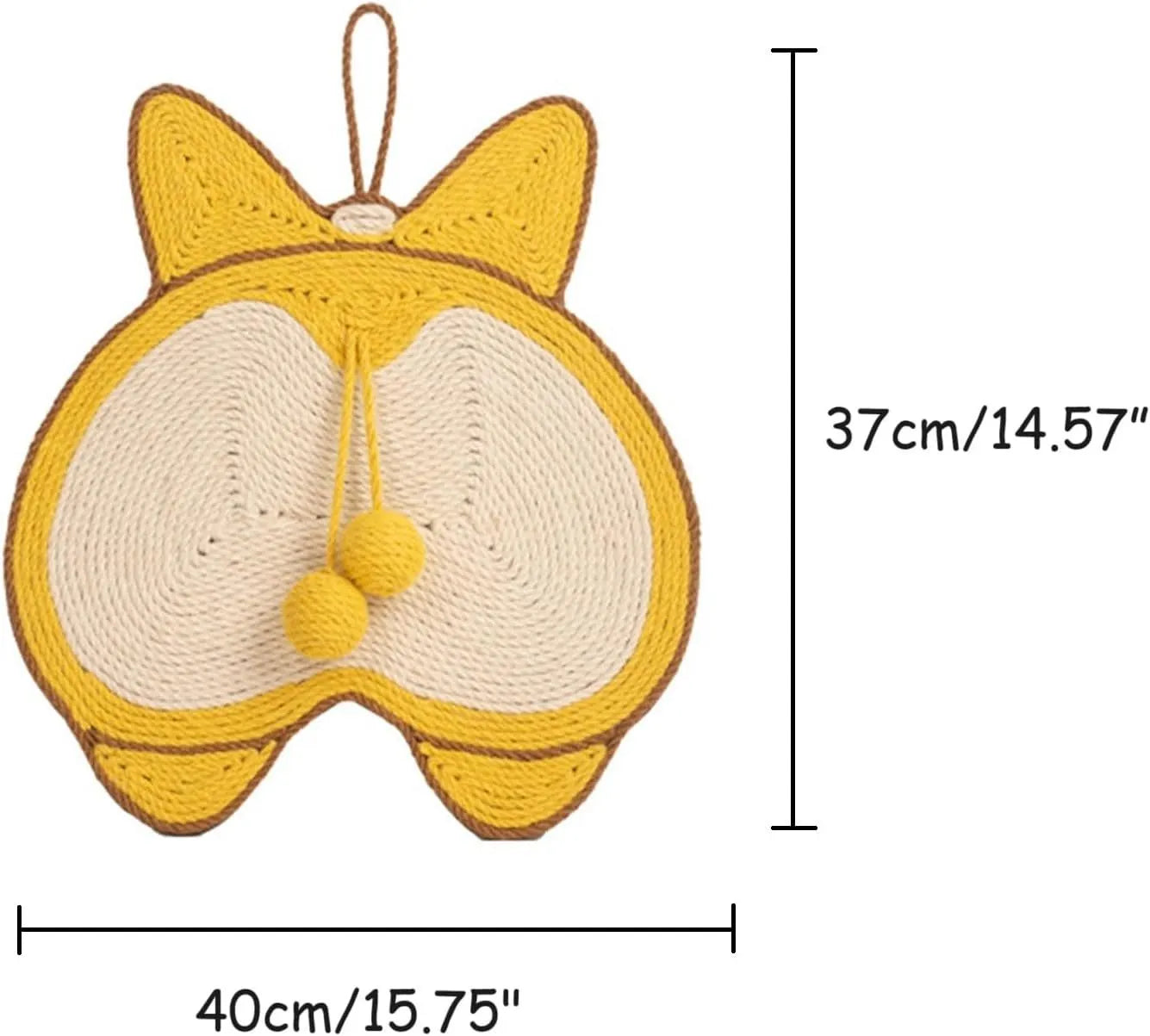 Yellow Corgi butt design sisal cat scratching board with anti-slip base measuring 37cm by 40cm