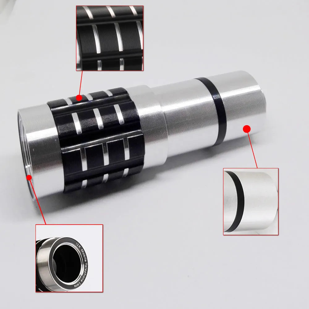 Silver telescopic phone camera lens with extended barrel next to a universal clip mount on a white background.
