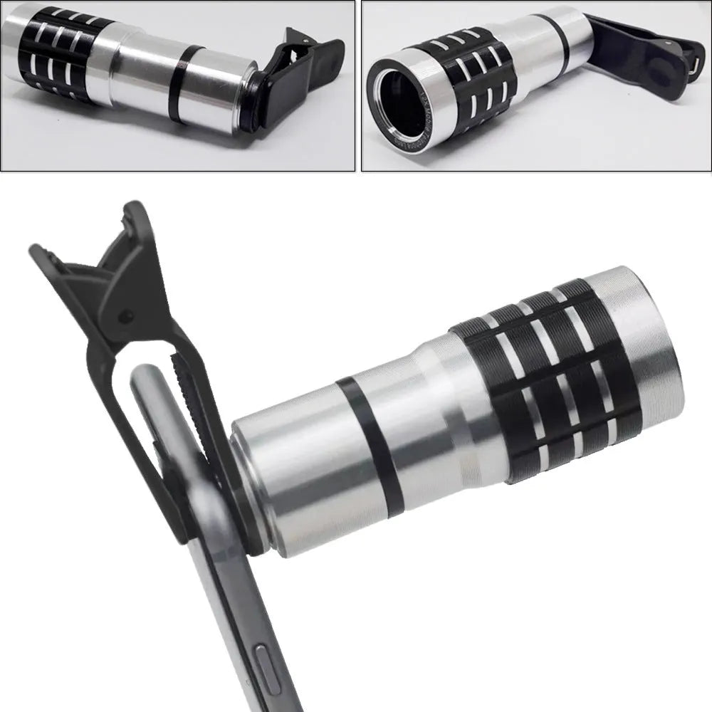 Silver telescopic phone camera lens with extended barrel next to a universal clip mount on a white background.
