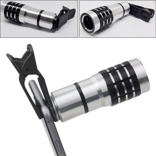Silver telescopic phone camera lens with extended barrel next to a universal clip mount on a white background.