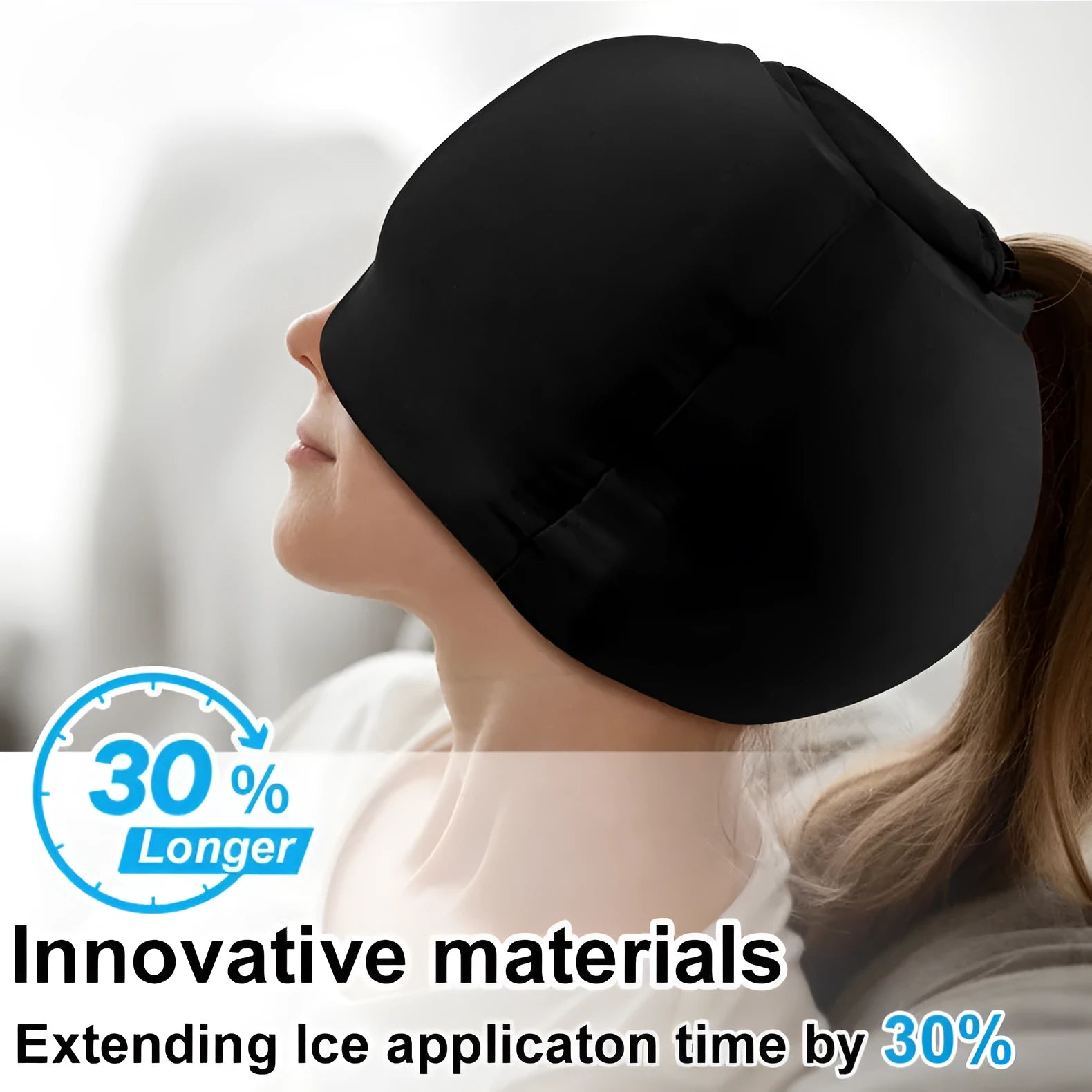 Simple solid colour cold compress cap in black, shown fully enclosed for head cooling therapy.