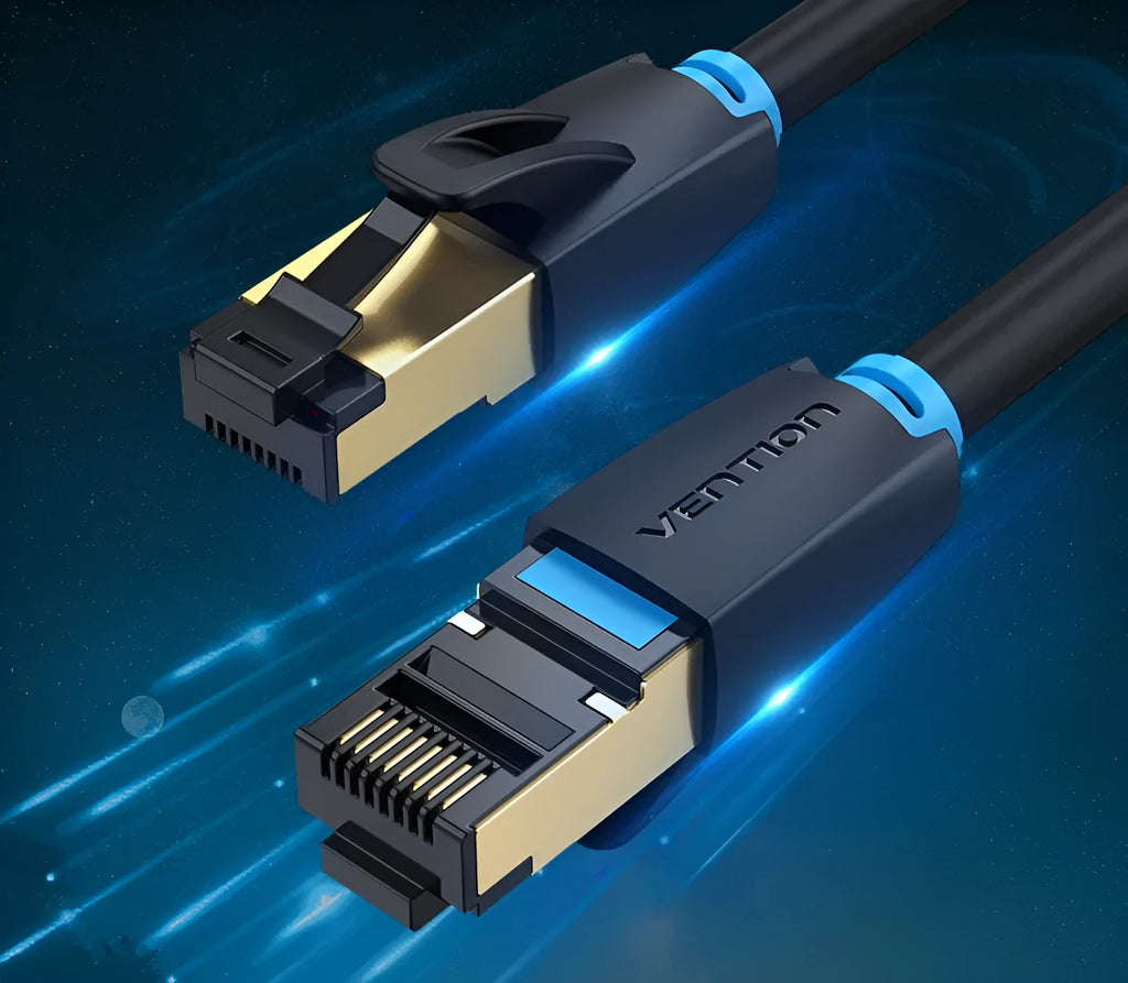 CAT8 shielded network cable with RJ45 connectors, shown in flat and round style options.