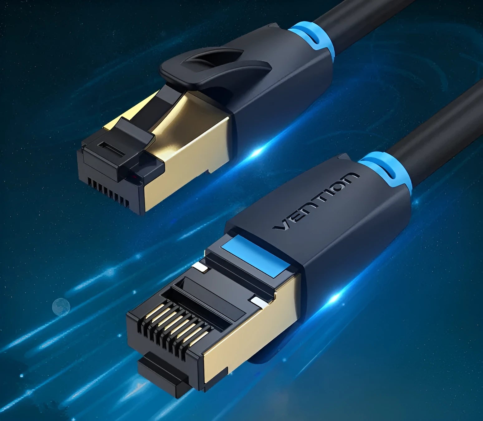 CAT8 shielded network cable with RJ45 connectors, shown in flat and round style options.