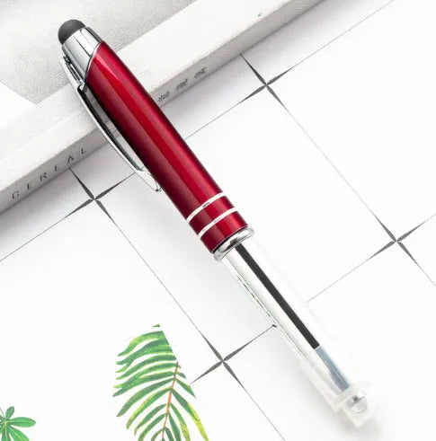 Metal capacitive stylus LED ballpoint pen in five colour options showing bullet pen head