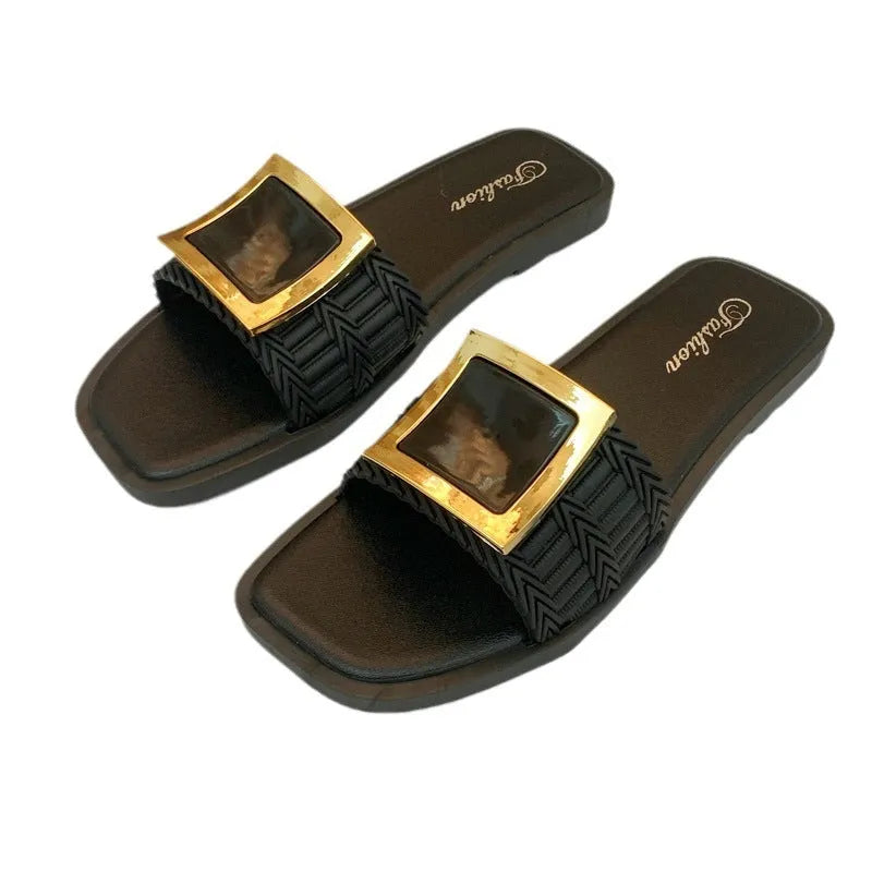 Women's apricot flat summer slippers with a textured PVC sole, shown on a light background.