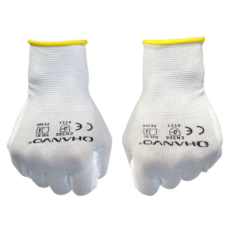 White PU coated labour gloves showing palm coating and 24cm length