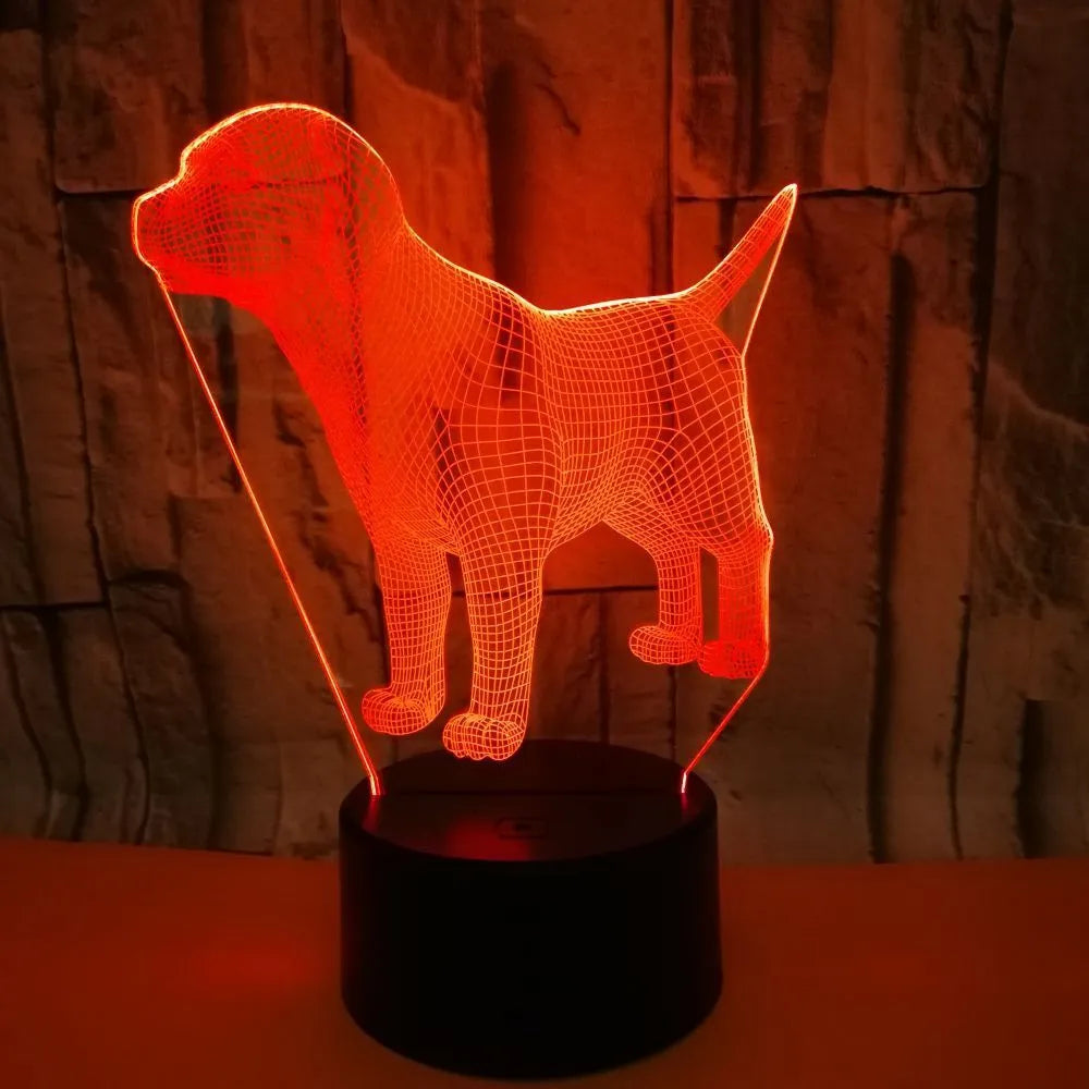 Dog-shaped mood lamp with USB cable and remote control, showing 7 colour touch options