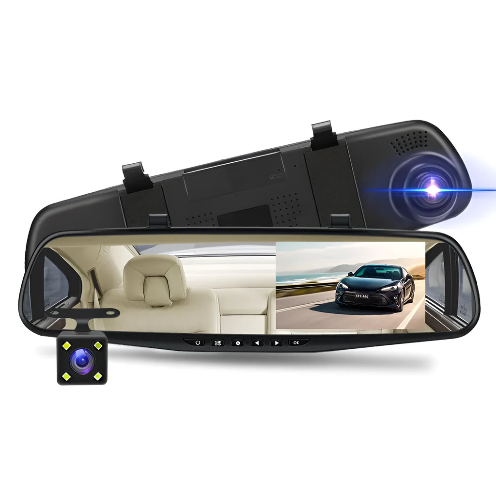 Black car driving recorder with 4.3-inch rearview mirror display, dual lens, 170° angle and 8MP night vision