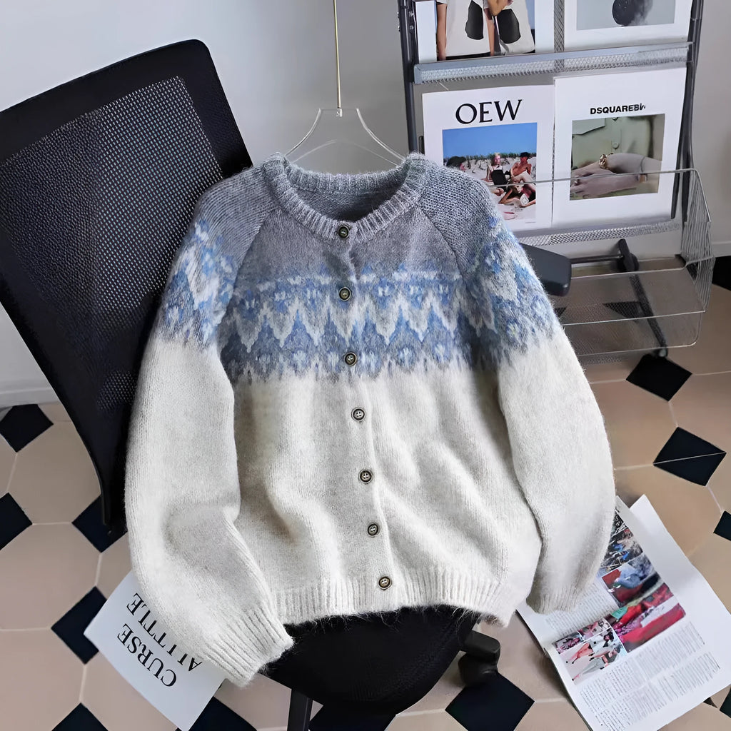 Women's loose-fit jacquard knit sweater coat with contrasting colours in milky white.