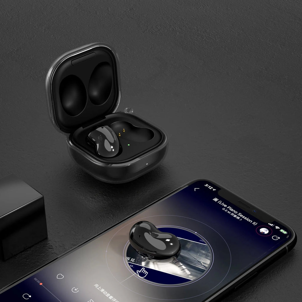 Transparent clamshell Bluetooth ear case in moulded plastic, available in translucent gold, black, and purple