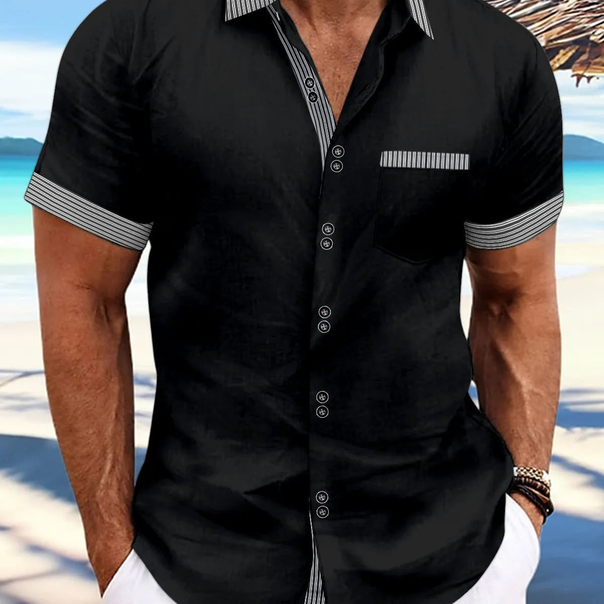 Men's striped cotton casual shirt with double button front in slim fit styling