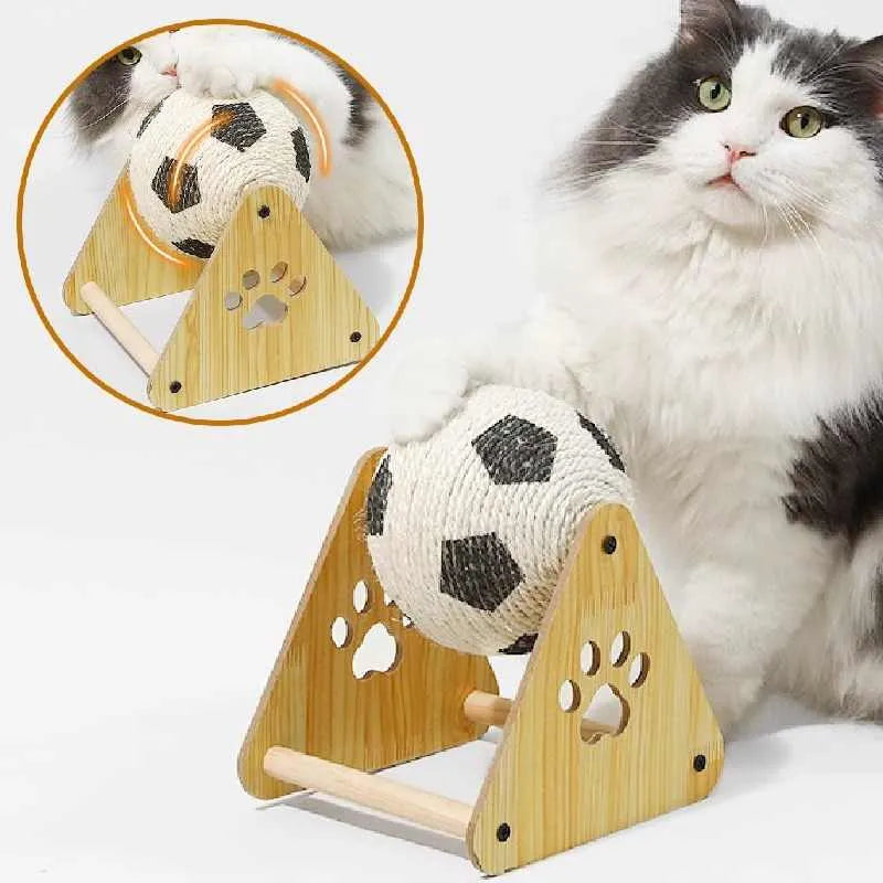 Vertical wooden grounder cat scratch board in football style with solid wood base and sisal hemp rope wrapping