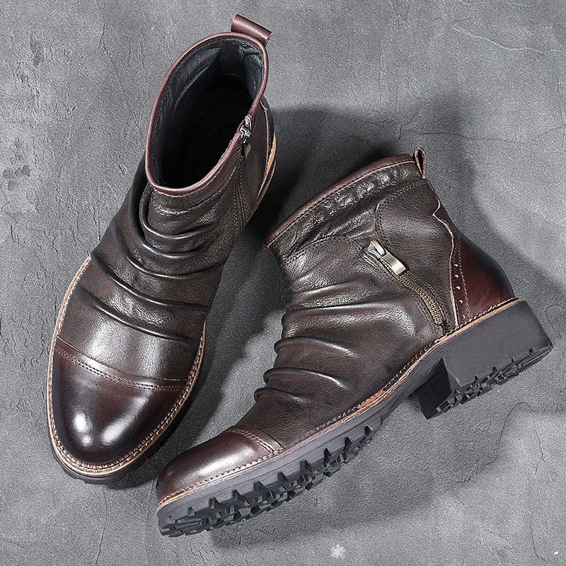 Men's black PU leather cowboy boots with side zipper, round toe, and mid-height horseshoe heel.
