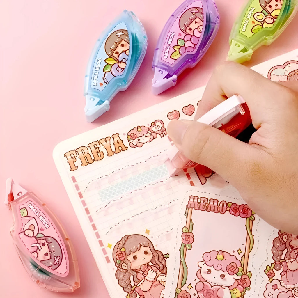 Dotting glue dispenser in fruit juice colours with traceless double-sided adhesive for stationery use