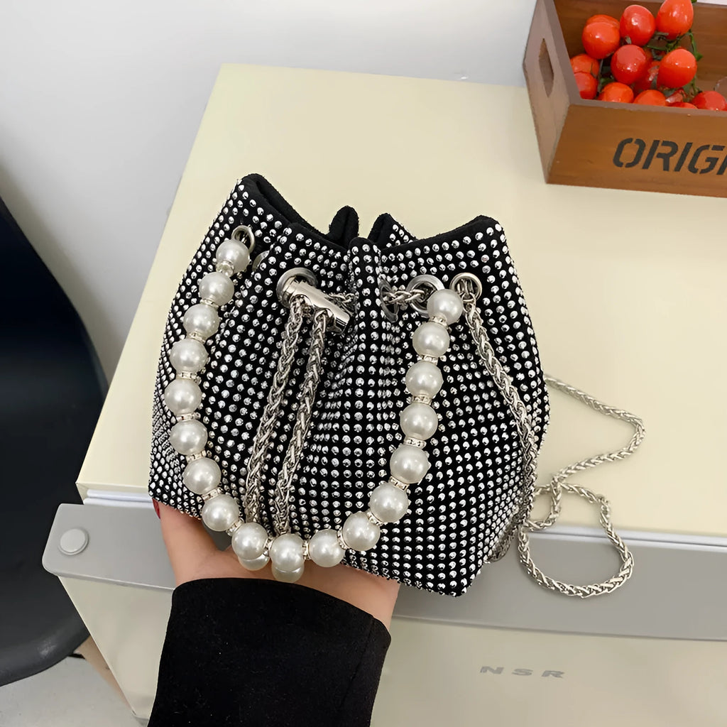 PU leather crossbody bag with diamond accents, chain strap, and bucket shape in colour option