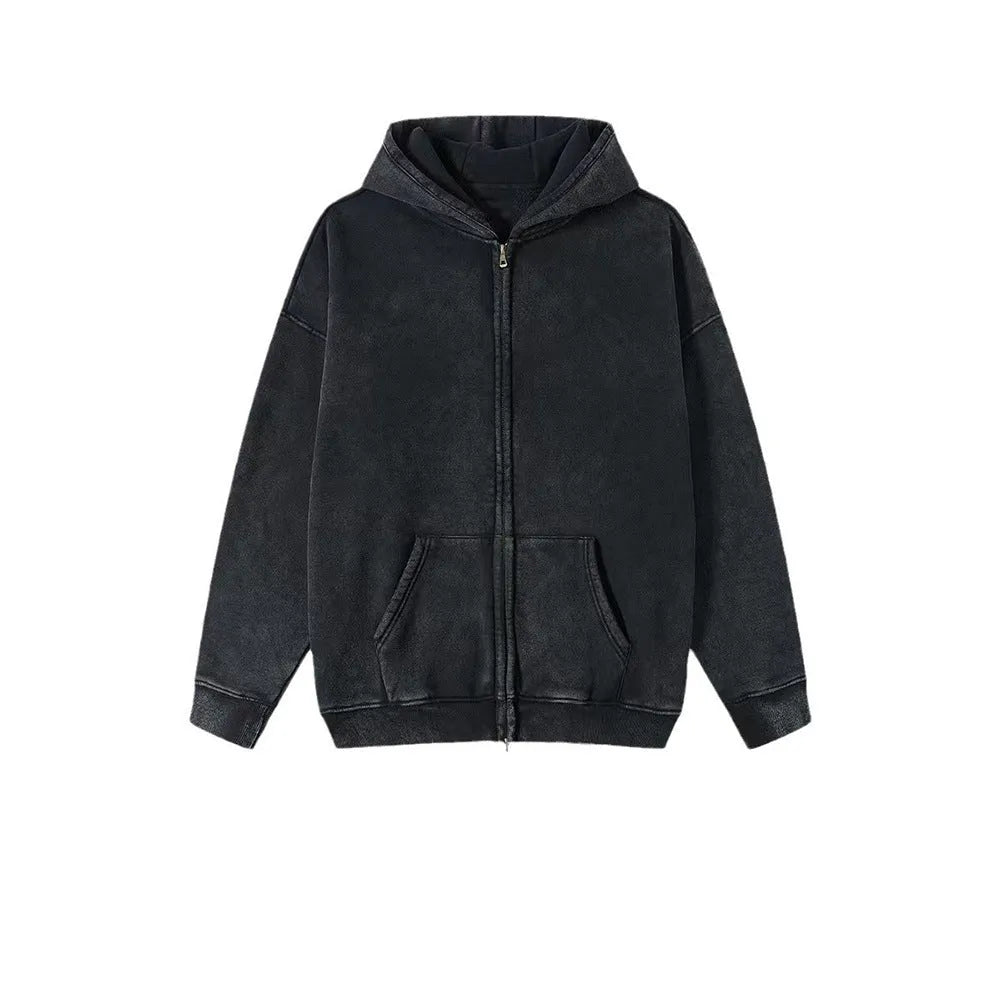 Men's vintage fleece-lined hooded cardigan with a double zipper front in a washed colour.