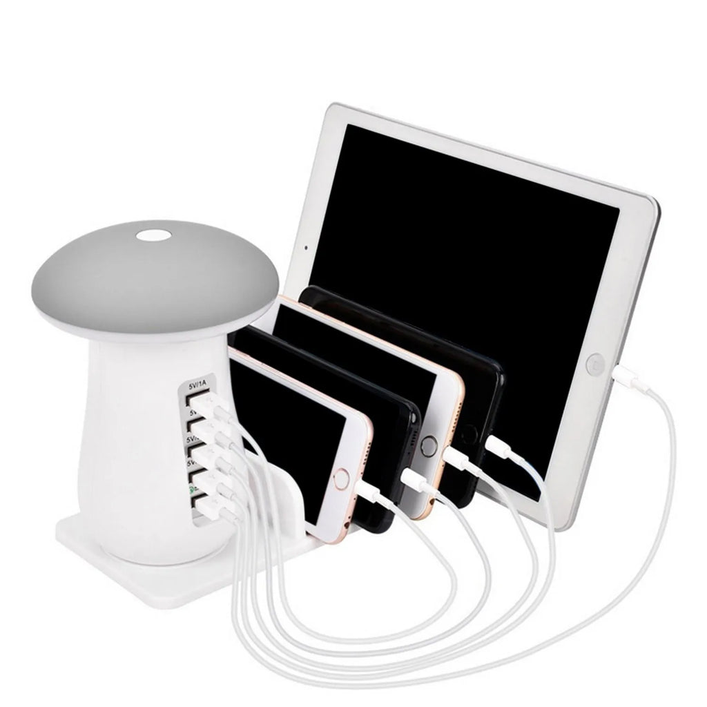 Besegad Mushroom shaped white USB charging dock station with 5 ports and built-in soft LED night light