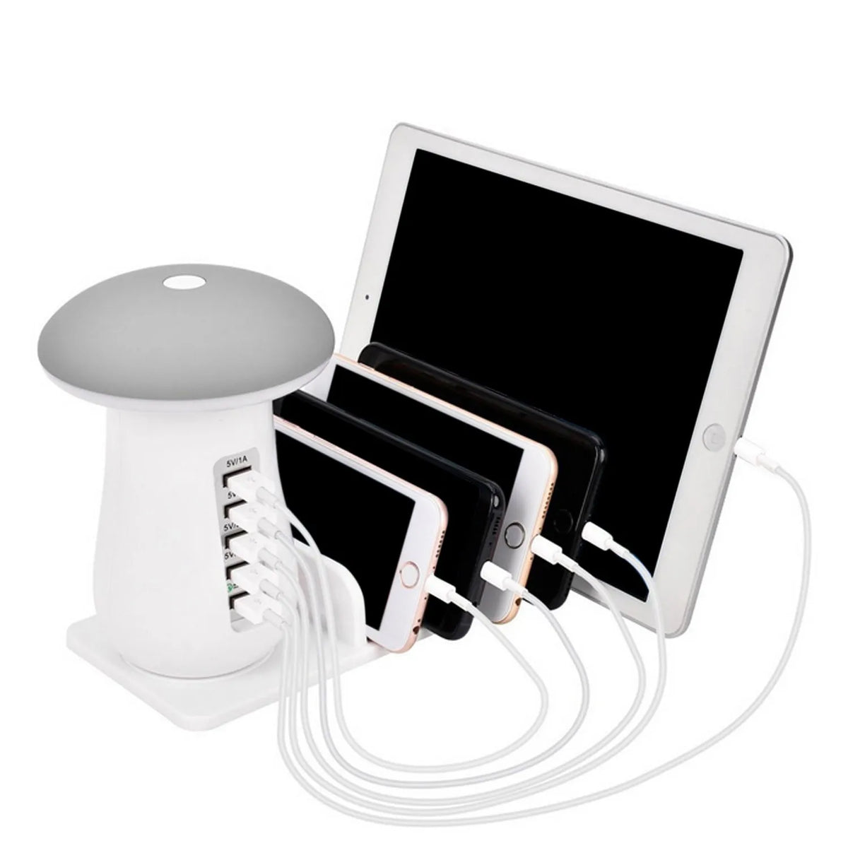 Besegad Mushroom shaped white USB charging dock station with 5 ports and built-in soft LED night light
