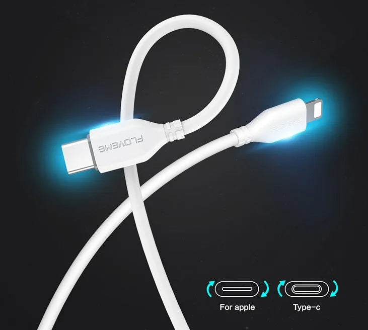 White USB-C to Lightning charging and data cable for iPhone, 1.5 metres long.
