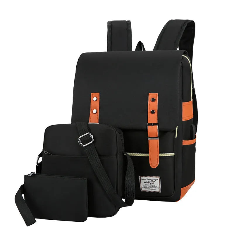 Large capacity three-piece backpack in wine red with curved shoulder straps and Oxford cloth construction