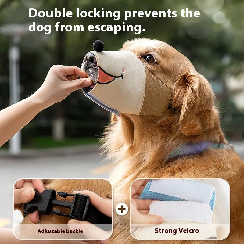 Canvas dog muzzle in Ollie Brown Bear pattern showing size options S M L XL for weight-based fitting