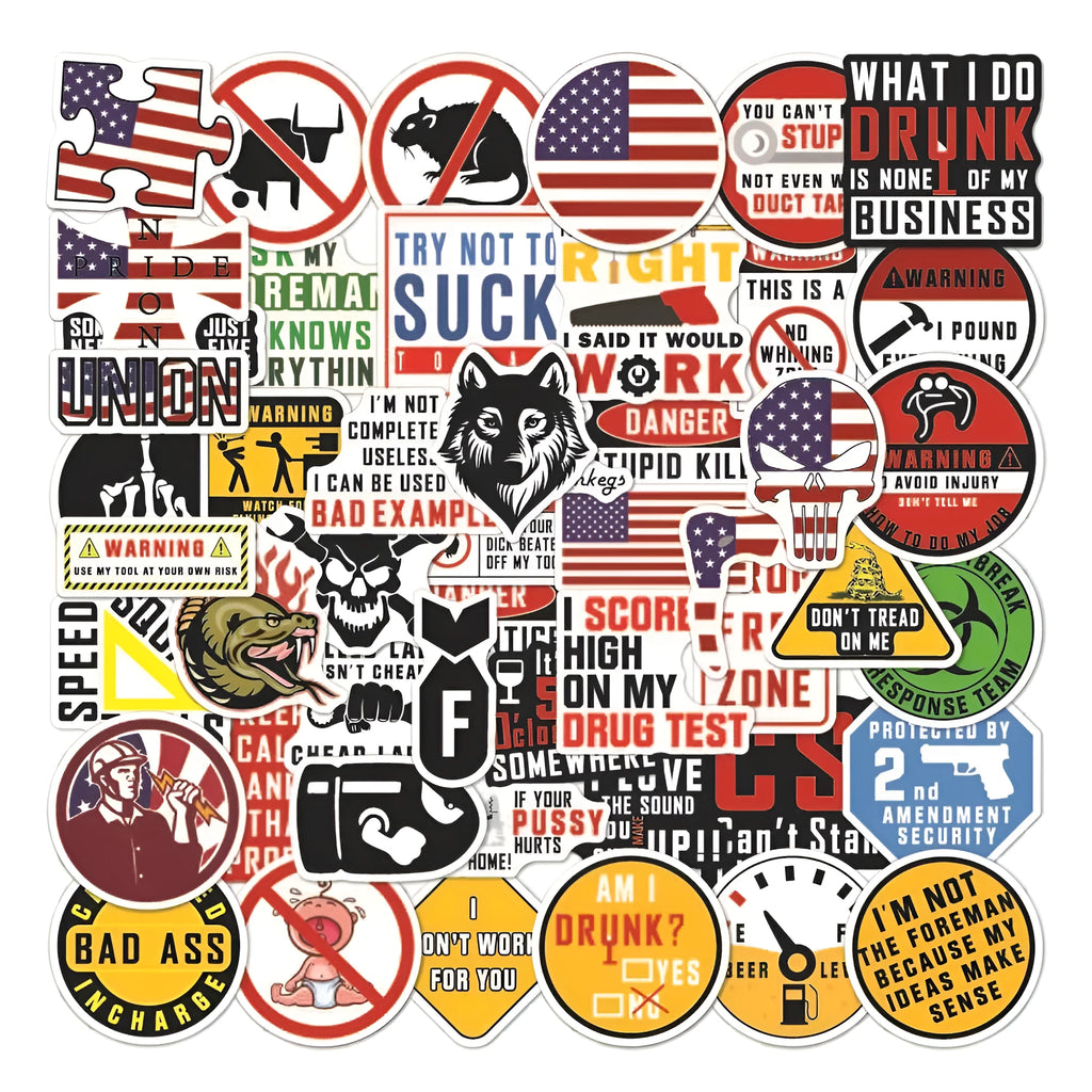 Waterproof PVC safety warning stickers for motorcycle and helmet, set of 50 pieces