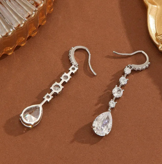 Silver white zircon teardrop drop earrings for women with electroplated copper finish and pear-shaped silhouette