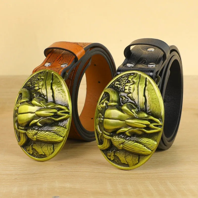 Men's brown imitation leather belt with detailed cow head alloy buckle showing electroplating and carving treatments