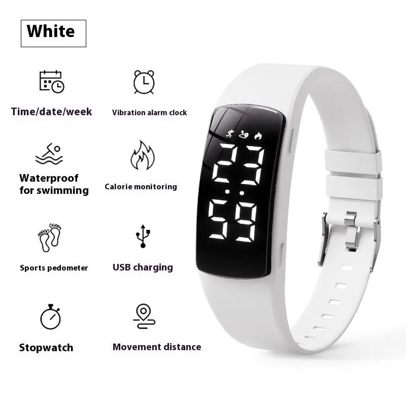Waterproof smart watch with vibration alarm, LED display, and silicone strap in multiple colour options