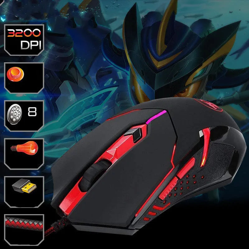 Black and red USB wired gaming mouse with six buttons and ergonomic design on desktop