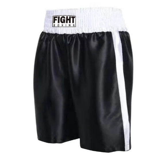 Men's black and red waistband boxing training shorts for martial arts, laid flat.
