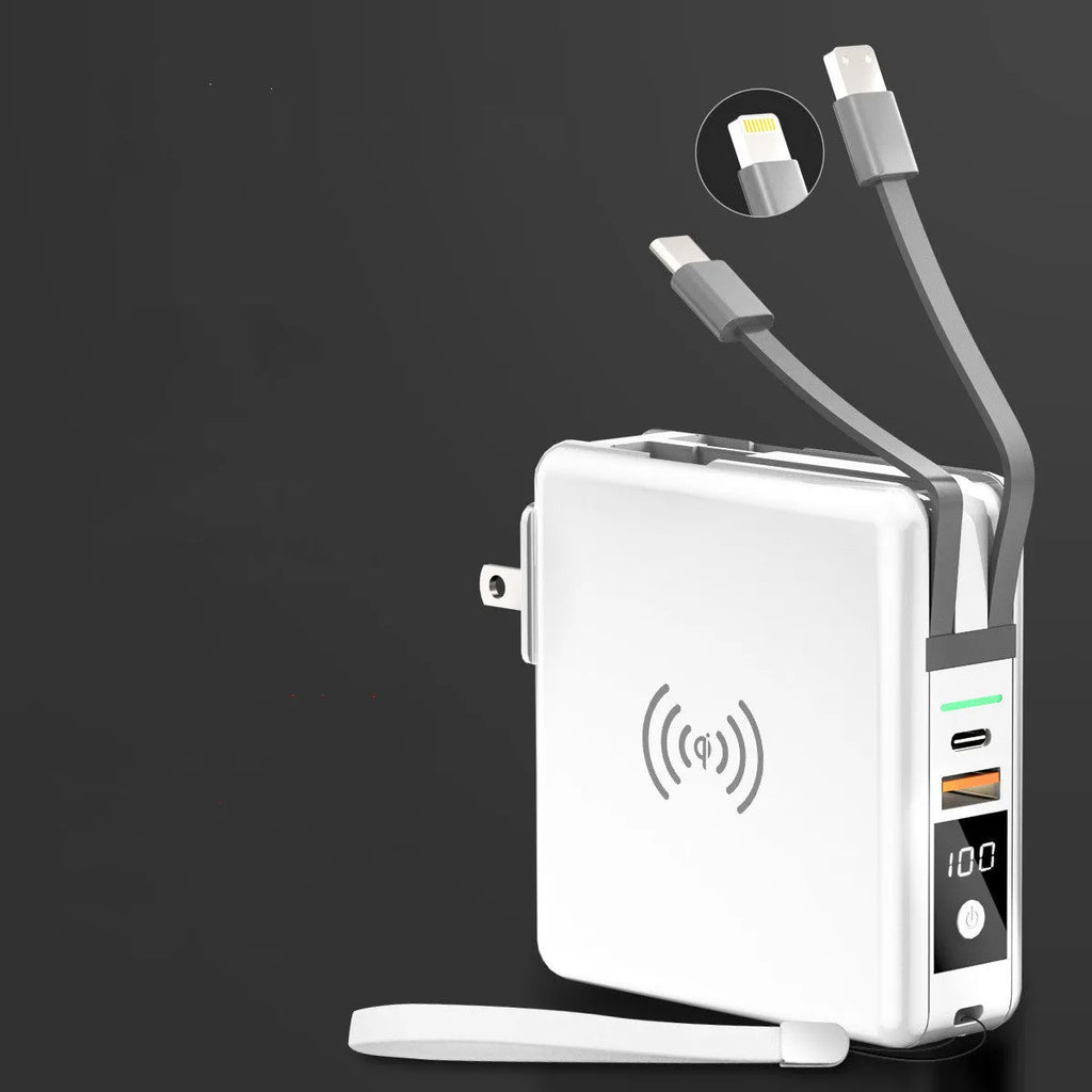 Super QI wireless charging power bank with wall plug in black or white cylindrical design