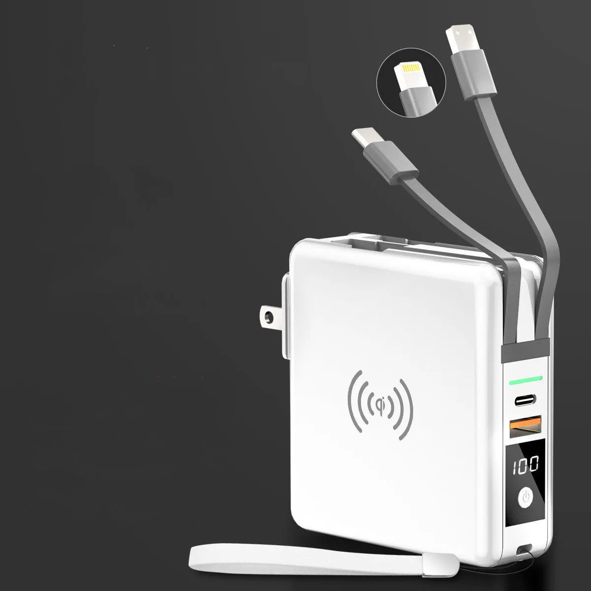 Super QI wireless charging power bank with wall plug in black or white cylindrical design