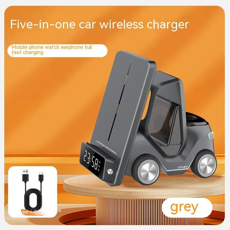 15W three-in-one wireless charging bracket in a choice of colours, charging a smartphone, earbuds, and smartwatch.