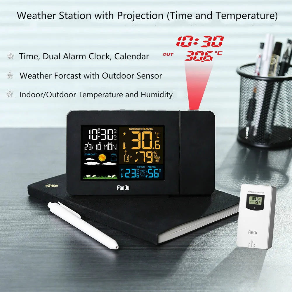 Multifunctional projection alarm clock showing time and temperature projection, with dual alarm and weather forecast on digital display