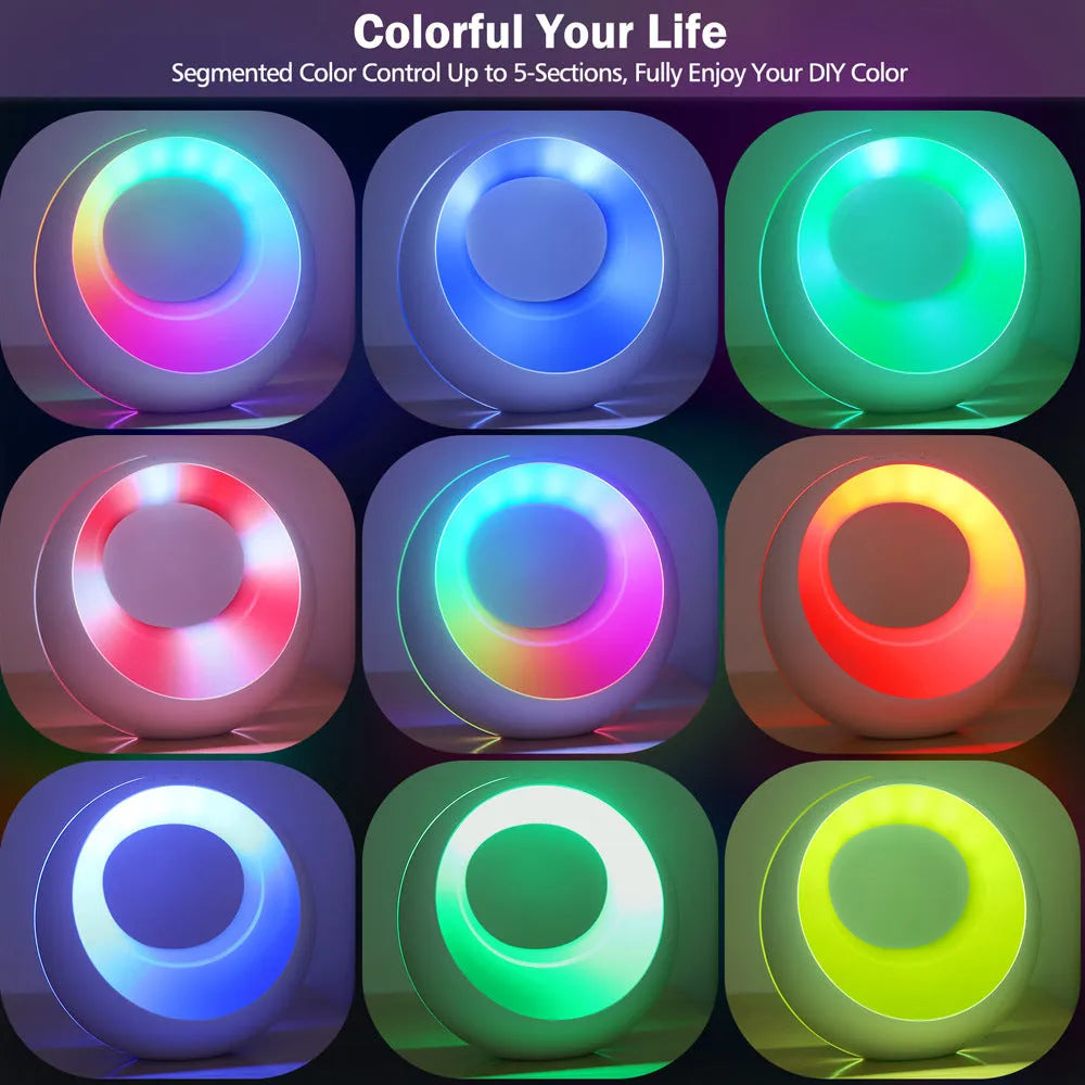 Small white RGB colour changing desk lamp with remote control on a table
