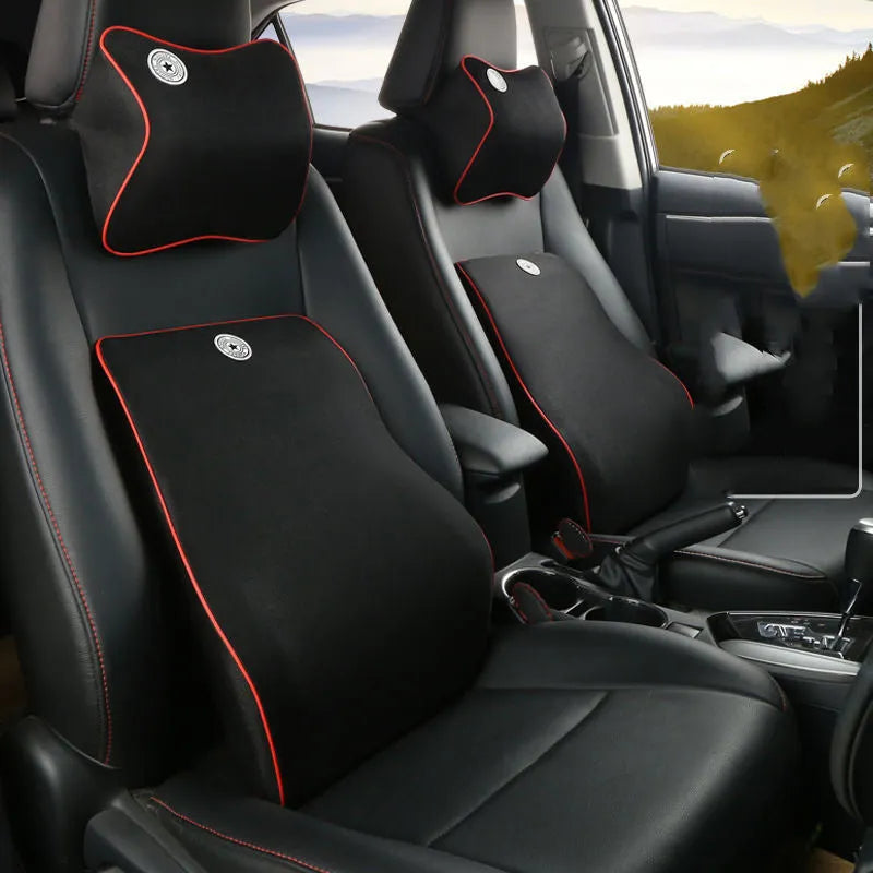Memory foam car headrest and lumbar support set with polyester cover, shown in beige, black, grey, and red options.