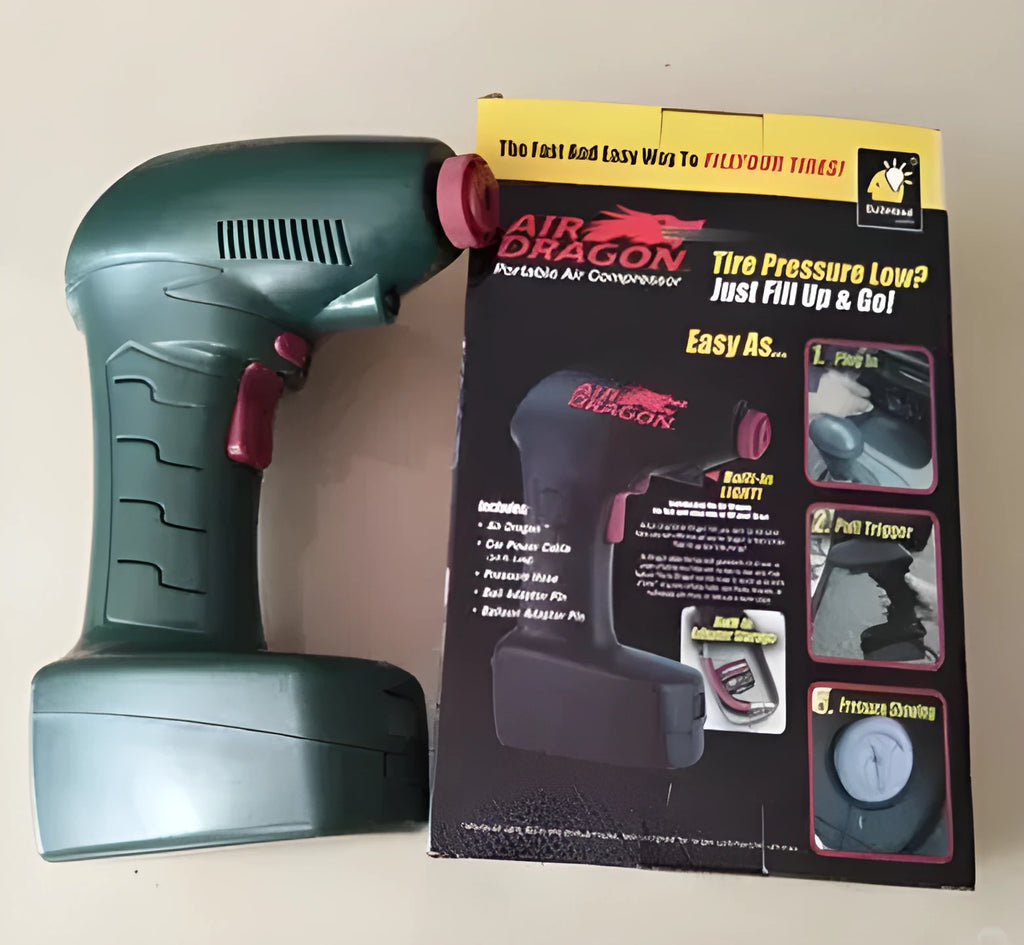 Portable car air pump with digital display and LED light showing 12V power connection and extended air hose