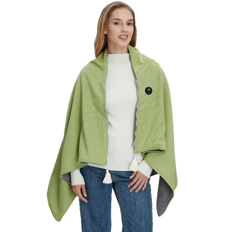 Solid-colour polyester shawl warm blanket with mobile power bank in green, red, and beige colour options