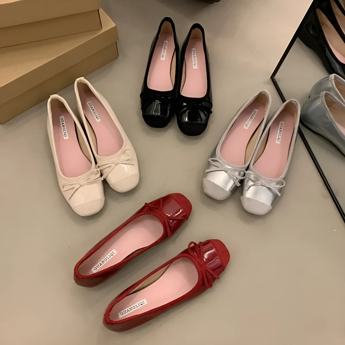 Women's retro Mary Jane ballet flats in apricot colour with square toe and bow detail.