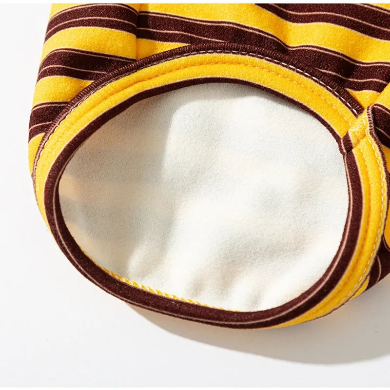 Striped two-legged pet shirt for small dogs and cats, available in yellow-brown bear patch or black-white cat patch, sizes XS to XXL.